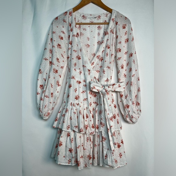 Maia Bergman Ines Ruffled Floral Eyelet Mini Wrap Dress White /Pink Size  XL - Picture 3 of 10